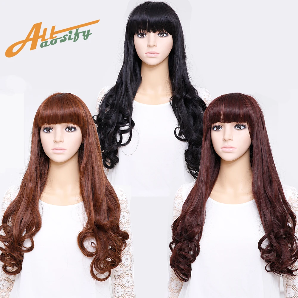 

Allaosify Long Curly Wigs with Bangs for Women African American fashion hairs Peruca Heat Resistant Synthetic Curly Wigs