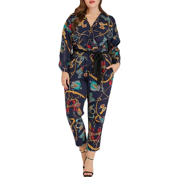 

FADZECO Fashion Women Romper New Autumn Jumpsuit Plus Size Loose Casual Wear Printed Pocket Sash Jumpsuit Overalls Office Lady