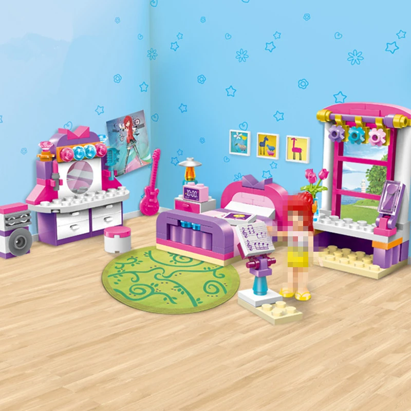 

124Pcs Girl Friends Series Sleeping Beauty's Bedroom Building Blocks Scenes Guitar Piano Bricks Model Educational Kids Toy Gifts