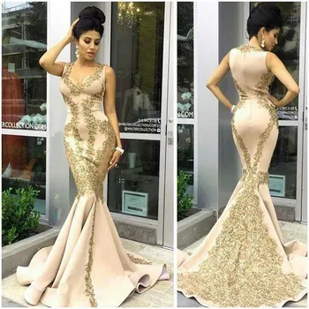 

Sexy Mermaid Off the Shoulder Evening gown Gold Appliques Long robe soiree longue vestido de festa mother of the bride dresses