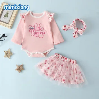 

Baby Girls Clothes Sets Letter Little Princess Print Flying Romper And Floral Print Mesh Tutu Skirt With Bow Headbands 3 Pcs Set