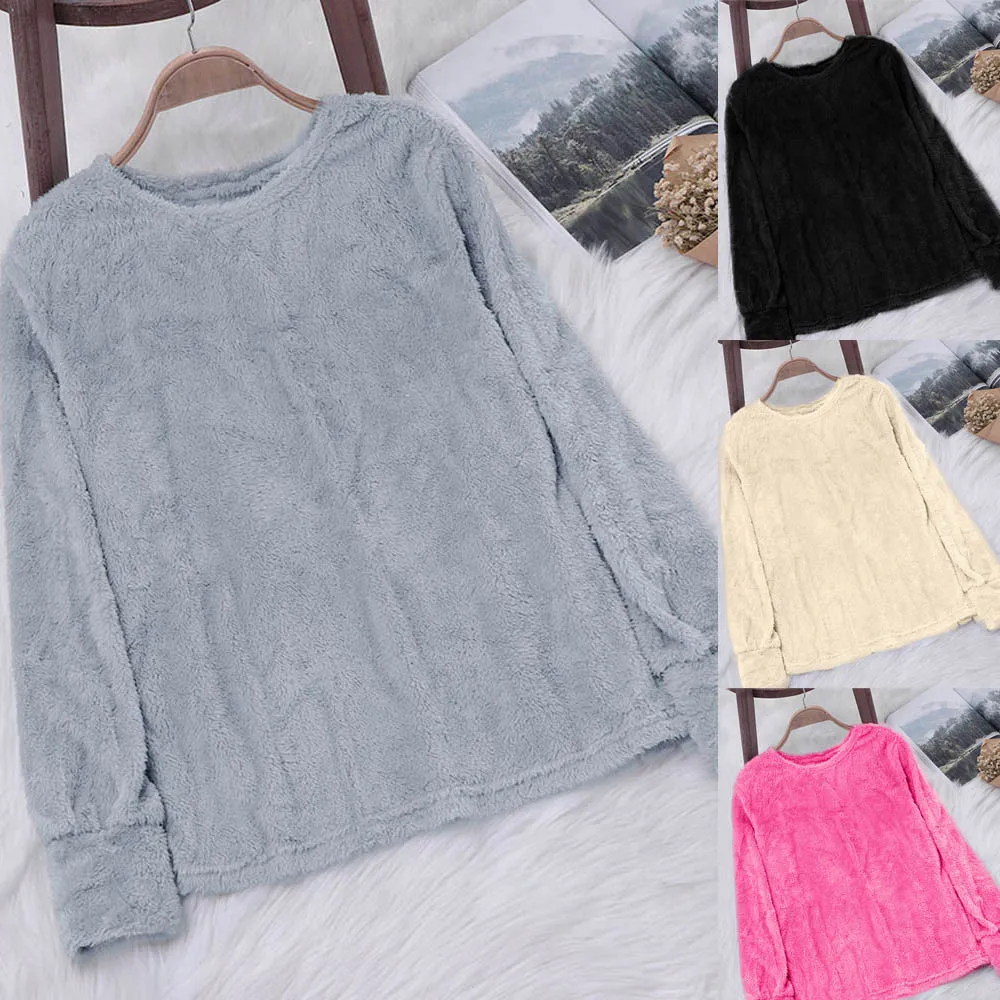JAYCOSIN Fashion Women Artificial Wool Plush Sweatshirt Casual Simple Long Sleeve Solid Color Comfortable Pullover Blouse Top
