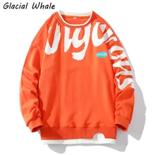 

GlacialWhale Mens Crewneck Sweatshirt 2021 Patchwork Print Oversized Hip Hop Streetwear Orange Hoodie Sweatshirts Hoodies Male