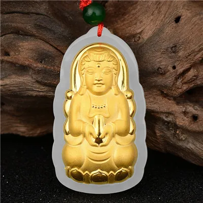 guanyin Jadery 3D натуральный нефритовый Подвесной Ожерелье с чистым золотом с изображением Будды и Гуаньинь для мужчин и женщин Подвески классические ювелирные изделия Черная пятница предложения - Цвет камня: guanyin