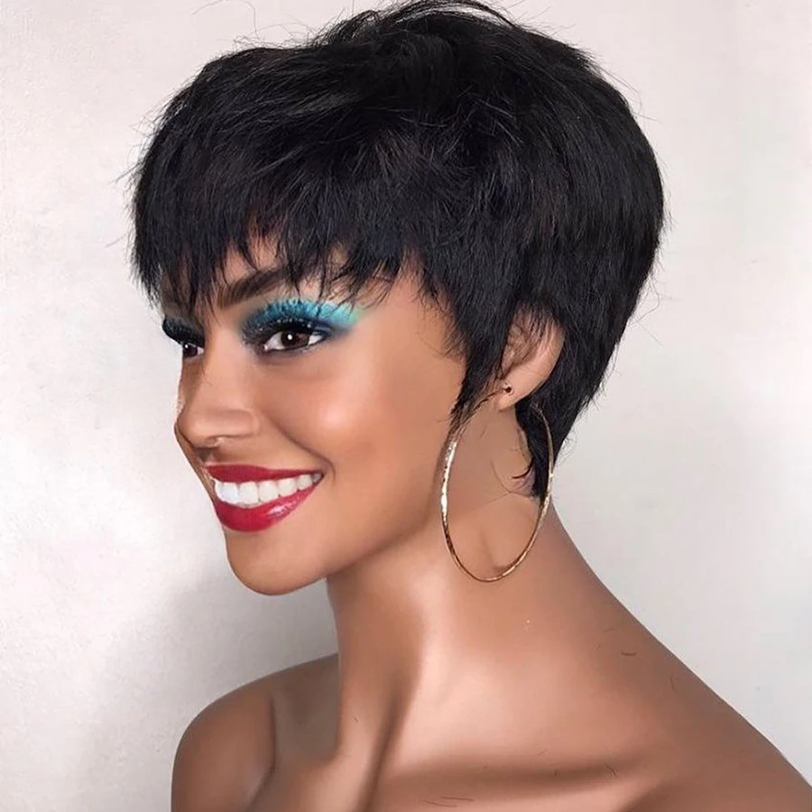 Short Pixie Cut Human Hair Wigs With Bangs Brazilian Straight Remy Hair Wigs for Black Women Machine Made Cheap Glueless Wig
