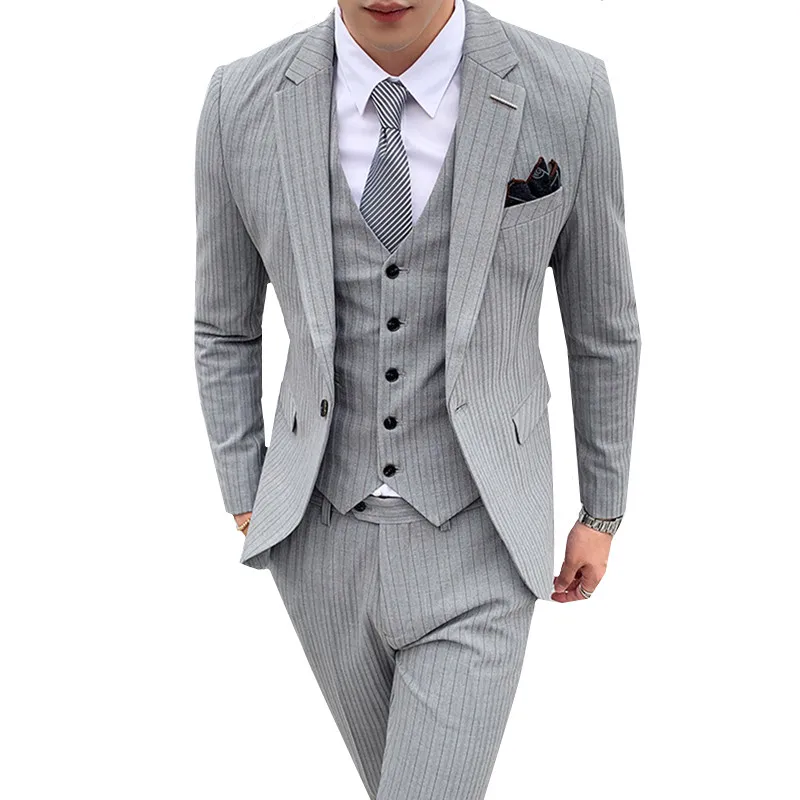 

3 Pieces Set Mens Suits Stripe Slim Fit Wedding Groom Prom Tuxedos Formal Business Casual Work Wear Suits (Jacket+Pant+Vest)