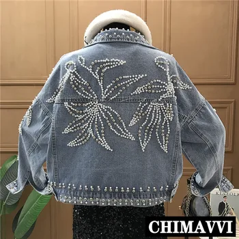 

2020 Spring Clothing New Korean Industrial Beads Riveting Short Jeans Coat Women's Loose Denim Jacket Casual Coats