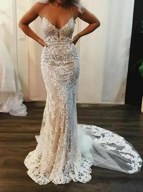Сексуальное длинное кружевное свадебное платье русалки с v образным вырезом на