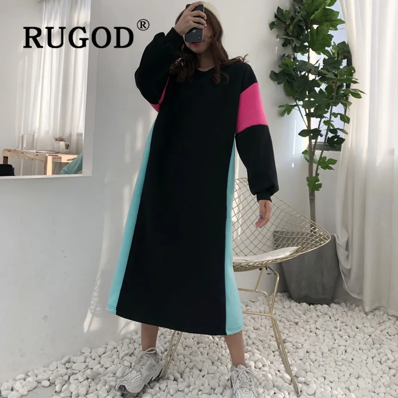 RUGOD solid patchwork sweater dress winter women o neck loose thicken knit dress korean fashion female casual basic long dress