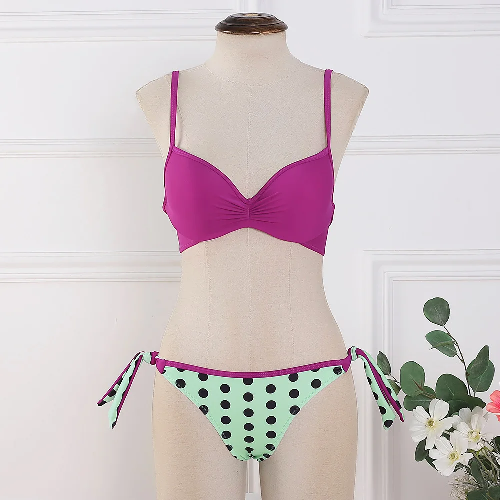 2020 Bikini Set Halter Swimwear Women Dot Solid Color Swimsuit Side Bandage Bathing Suit Beachwear Push Up Sexy Bikini