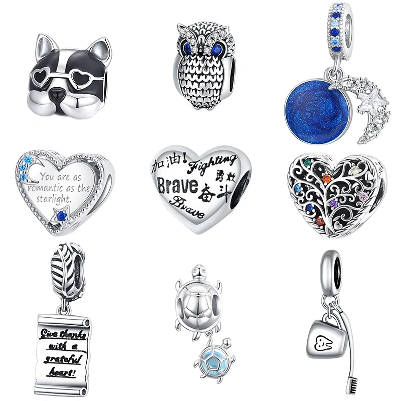 

2020 Blue Sky Starligth Love Animal Bulldog Owl Charms Silver 925 Original Sea Turtles Tree Of Life Beads for Jewelry Making Diy