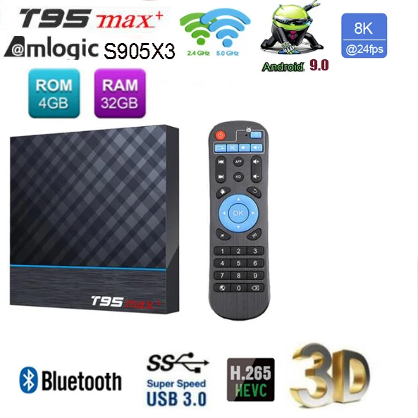 T95 MAX Plus S905X3 Amlogic Android 9,0 tv Box 8K 100m lan 2,4G 5G Wifi опционально HDR Bluetooth Youtube Netfilx google box - Цвет: 4G 32G