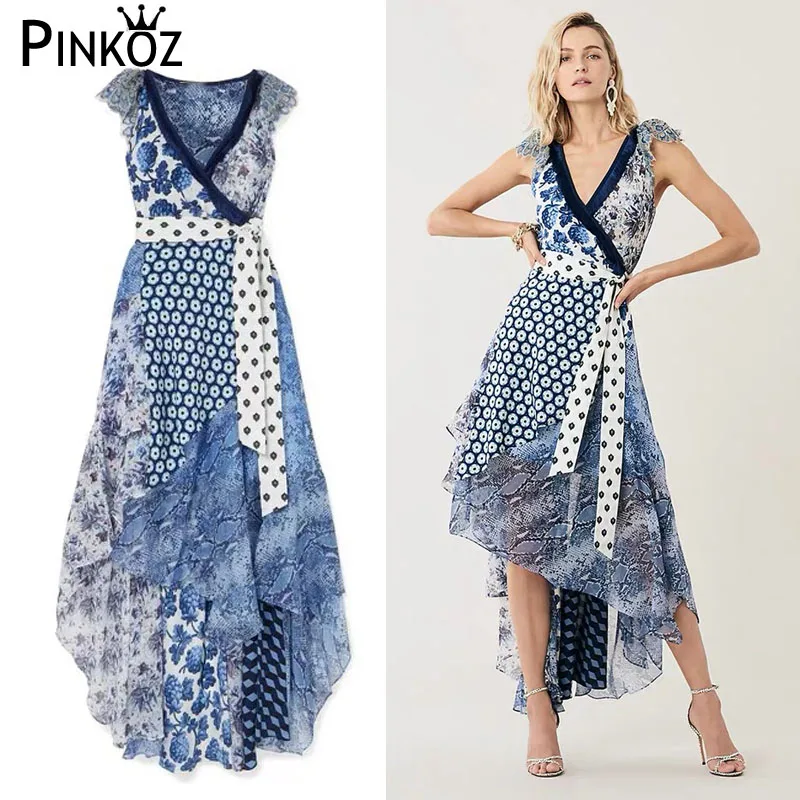 

Pinkoz Runway Dress Women 2019 Luxury New Fashion Patchwork Dot Flower Print V-Neck Irregular Sexy Asymmetrical Dress Vestidos