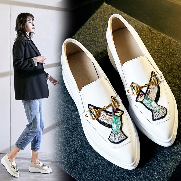 

2020 Spring And Summer New Style Embroidered White Shoes Women's Slip-on Platform Shoes Casual Pointed-Toe Thick Bottomed Loafer