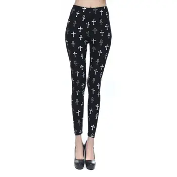 

Womens Christian Cross Pattern Mid Rise Black White Brushed Buttery Soft Stretchy Tights Ankle Length Yoga Pencil Pants