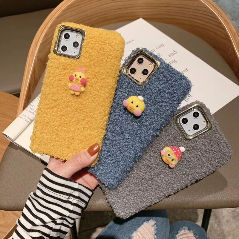 

Luxury Cute 3D Cartoon Duck Winter Warm Furry Plush Phone Case For iPhone 11 X XR XS Pro Max 7 8 Plus Soft Silicone Cover Coque