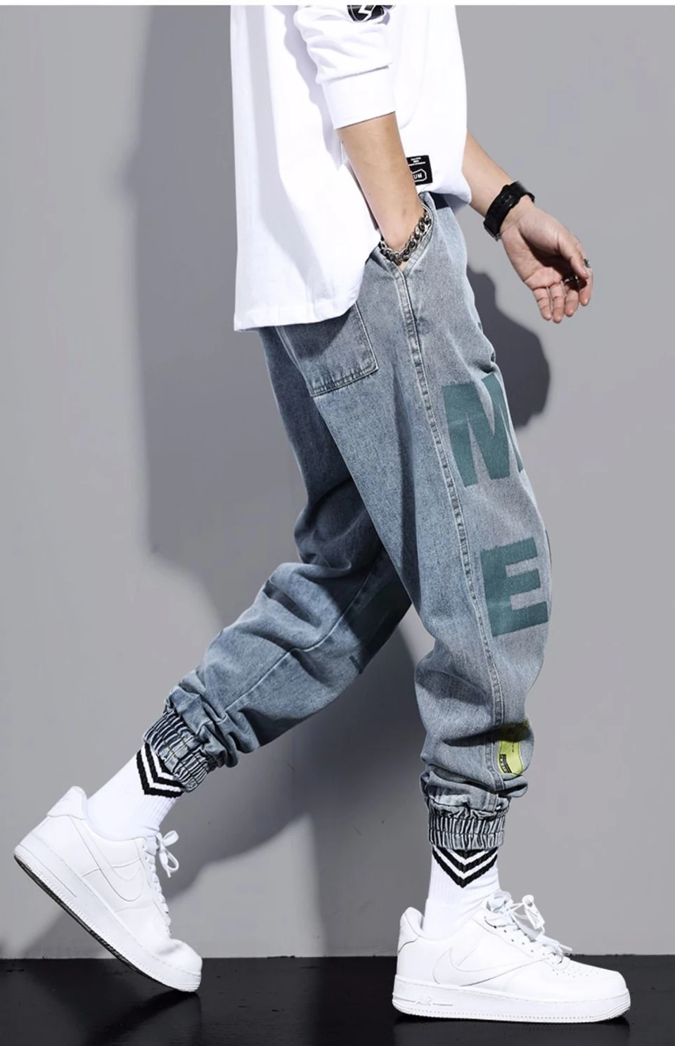 Men Fashion High Street Jeans Casual Harem Pants Letter Print Light Blue Sweatpants Trousers Drawstring Homens Jeans Denim Pants lee carpenter jeans