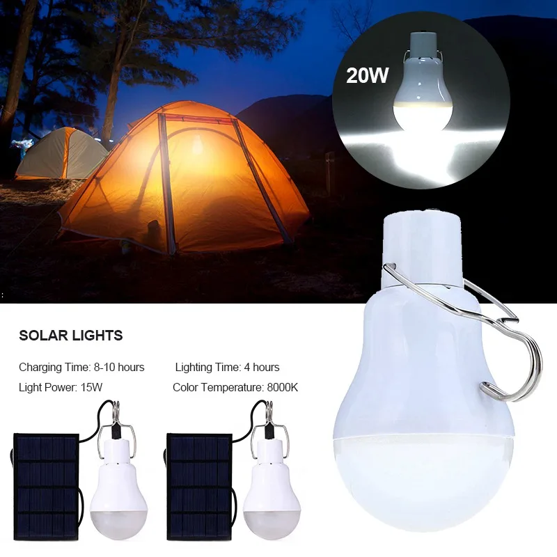 

2pcs 20W Solar light Rechargeable Solar Powered LED Bulb Lamp Solar Panel for Fishing Camping Home Emergency Light Drop shipping