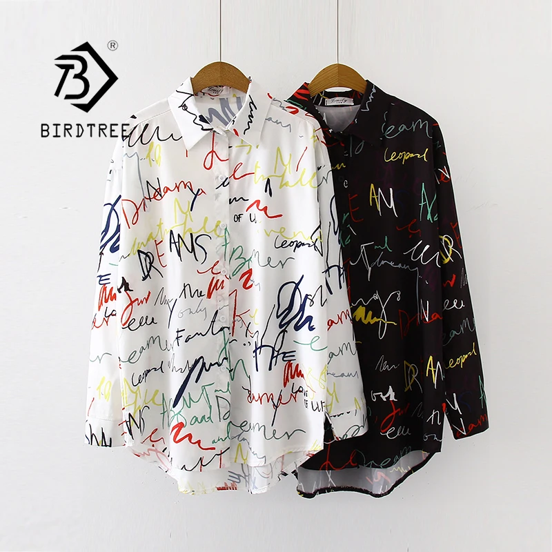 

ew Arrival Letter Print Turn-down Collar Ovesize Long Blouse Button Up Casual Loose White Black Shirt Feminina Blusa T99016F