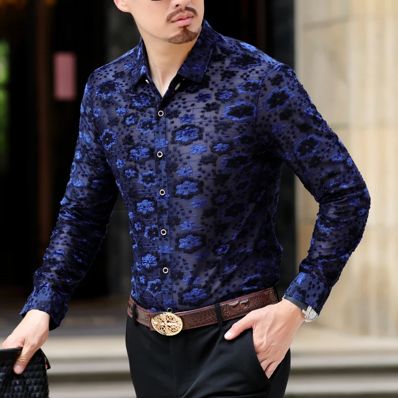 Гавайская рубашка, мужские вечерние рубашки на пуговицах, Chemise Homme, осенние мужские синие рубашки с цветочным принтом, деловые офисные
