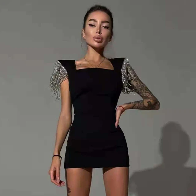 2021 New Ladies Summer Fashion Ladies Sexy Tassel Diamond Crystal Black Bodycon Bandage Dress Elegant Evening Party Dress 3