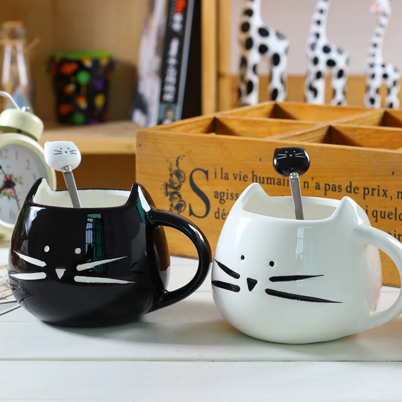 Harajuku Прочный мороженое мультфильм Черный Белый Кот Круглые ложки дети кормления кофе нержавеющая сталь, милая чайная ложка