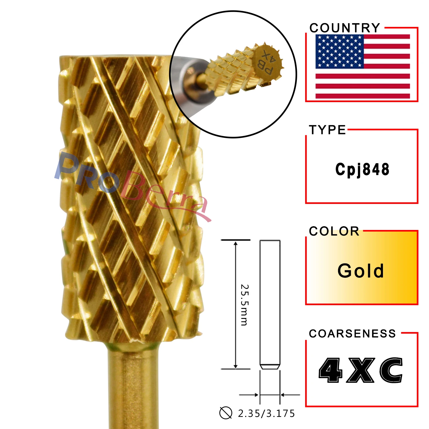 RolinStar 6.6 Large Barrel Gold Tungsten steel Carbide nail drill bits Nail Art Tools Burrs 3/32" Manicure Accessories 4