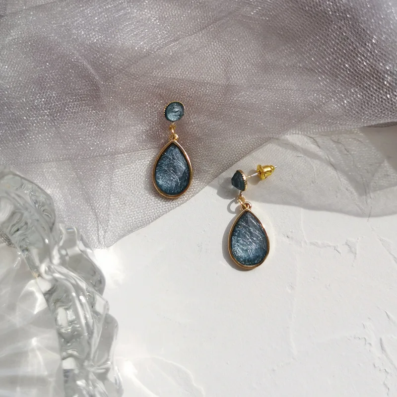 Women Ear Clip Earrings Japanese Simple Temperament Blue Crystal Stone Geometry Water Drop No Piercing Korean Gift