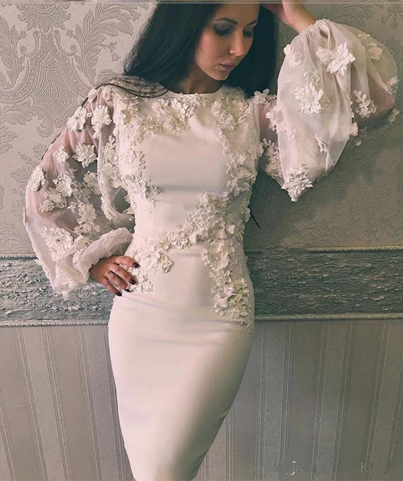 

A-Line Prom Dresses with Jewel Neckline Long Illusion Puffy Sleeves 3D Appliques Pearls Handmade Flowers Cocktail