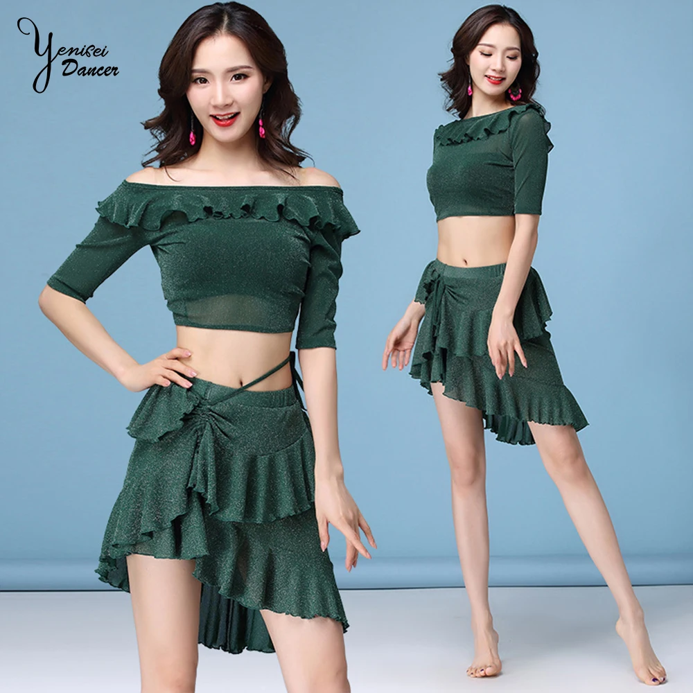 

5 Colors Fashion Sexy Oriental Dance Costumes Lotus Leaf Rayon V Neck Collar Belly Dancing Tops Short Skirts Womens Black Spring