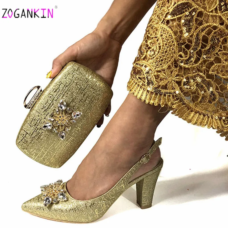 Winter New Arrivals Nigerian Women Matching Shoes and Bag Set for Wedding Party in Silver Color with Shinning Crystal - Цвет: Gold