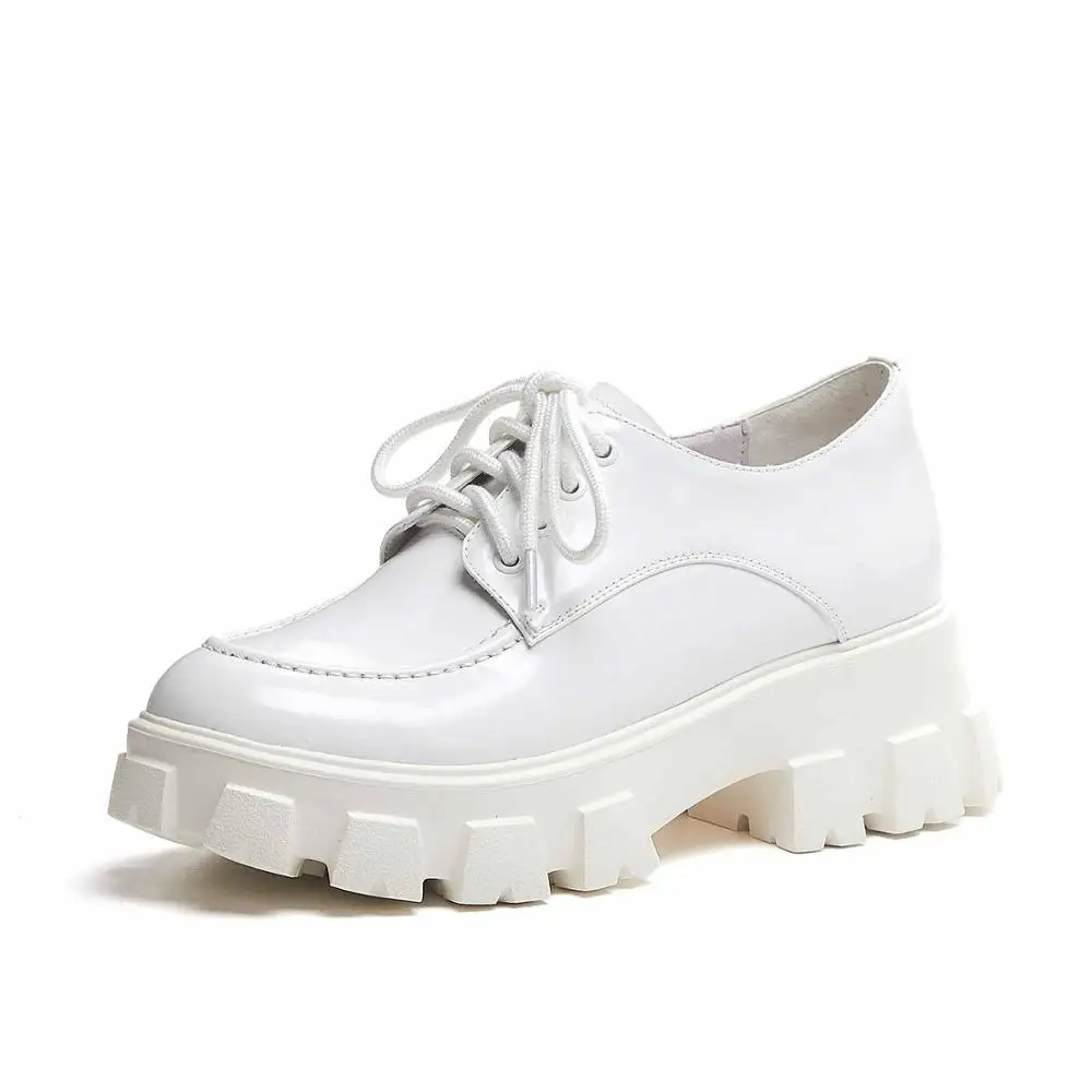 Lenkisen/классические белые кроссовки из натуральной кожи с круглым носком на высоком толстом каблуке и платформе со шнуровкой; женская Вулканизированная обувь; L8f7 - Цвет: Белый