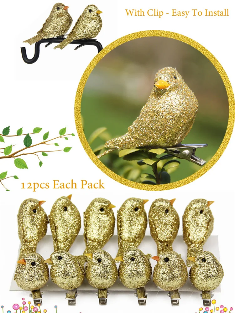 12pcs Shiny Glitter Artificial Birds Christmas Tree Decoration Pendant DIY Craft Foam Birds Home Garden Party Decor Ornament christmas decorations