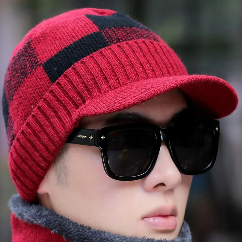 Новые зимние шапки для мужчин, высококачественная повседневная зимняя шапка Skullies, шерстяной Теплый шарф на шею, Шапка-бини, дизайнерская вязаная шапка в полоску - Цвет: Single cap red