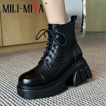 

MILI-MIYA Fashion Women Cow Leather Ankle Boots Platform Solid Color Square Heels Zipper Round Toe Lace Up Size 34-39 For Ladies