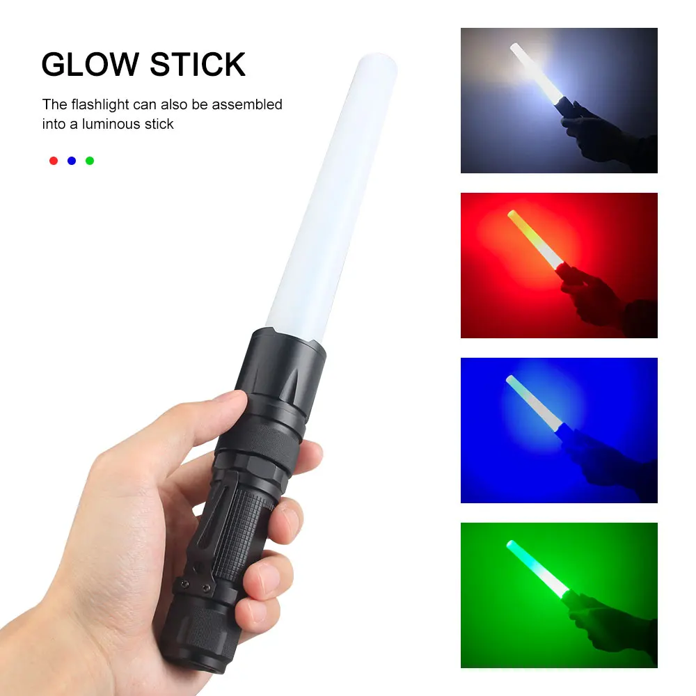 4 in 1 Outdoor Zoomable Hunting Flashlight 5 Modes Multi-color waterproof tactical light Torch with glow stick+18650+Charger best led torch