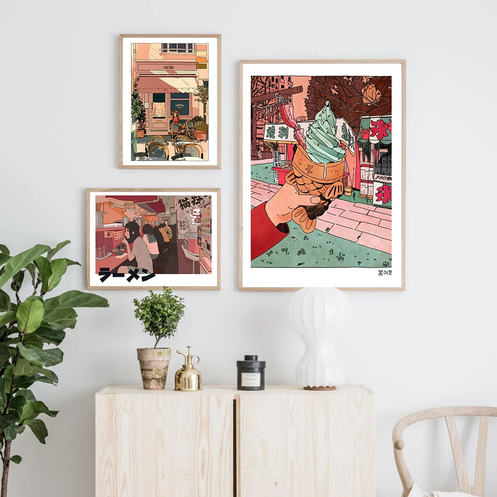 

Cartoon Japanese Anime Wall Art Canvas Painting Ramen Picture Ice Cream Poster and Prints Gallery Toy Room Color Home wall Decor