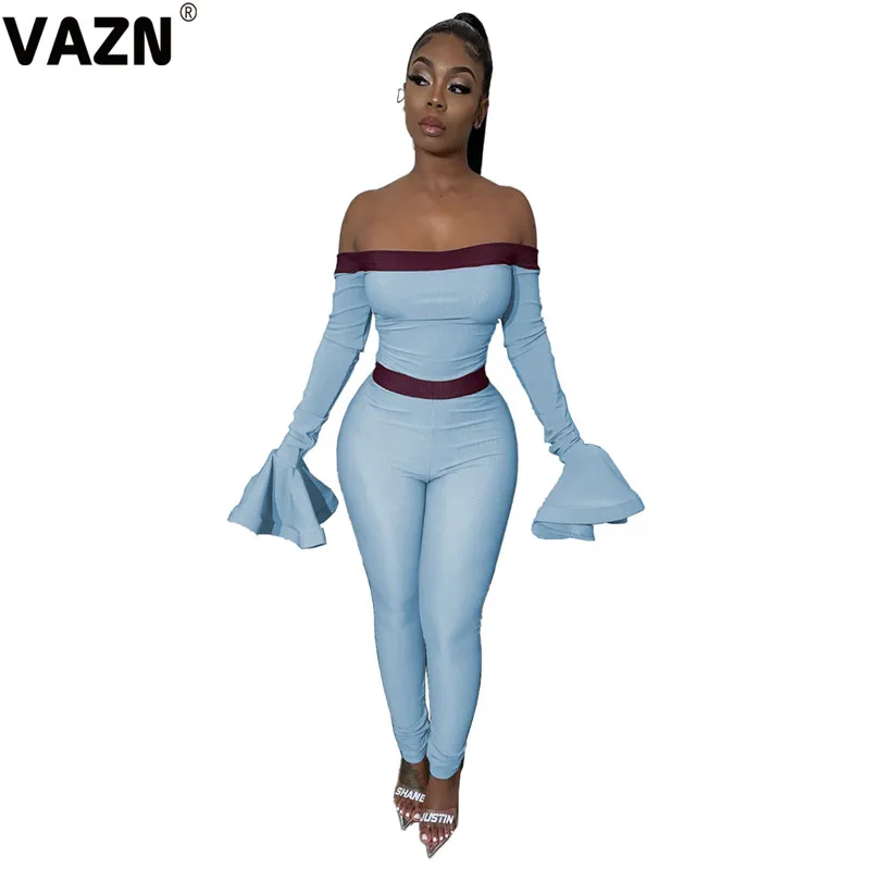 Light Blue VAZN SM9054 сплошной Tide High-end сексуальный мягкий для зрелых Мода Slash шеи полный рукав Высокая талия женские длинные брючные комбинезоны - Цвет: Light Blue