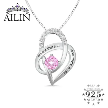 

AILIN Customized Words Necklace 925 Sterling Silver Necklace with Birthstone Love Heart Pendant Necklace For Mom Grandma