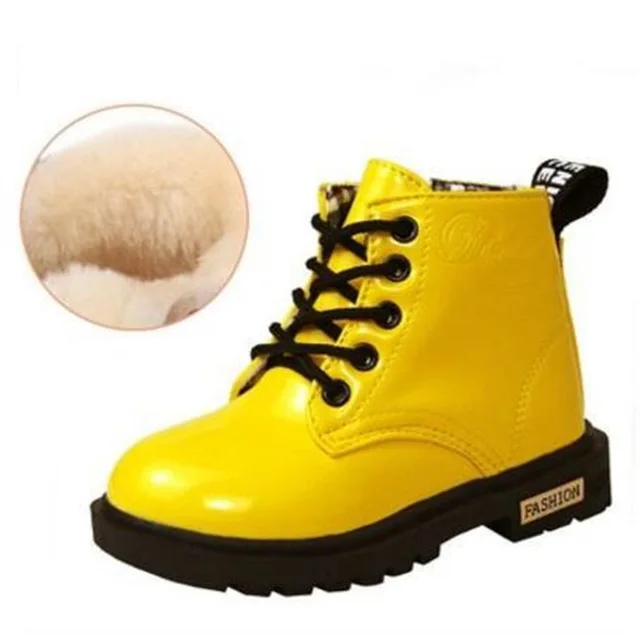 yellow plush Зимние Детские кожаные водонепроницаемые мотоциклетные ботинки; Детские Ботинки martin; зимние ботинки; обувь принцессы для девочек; резиновые сапоги; CSH043 - Цвет: yellow plush