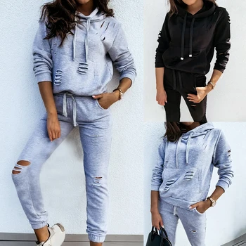 

Autumn Solid Hooded Sweatshirt Long Pants Set Ladies Fashion Burned Flower Casual Suit Ripped Hole Slim Leg Pants Suit