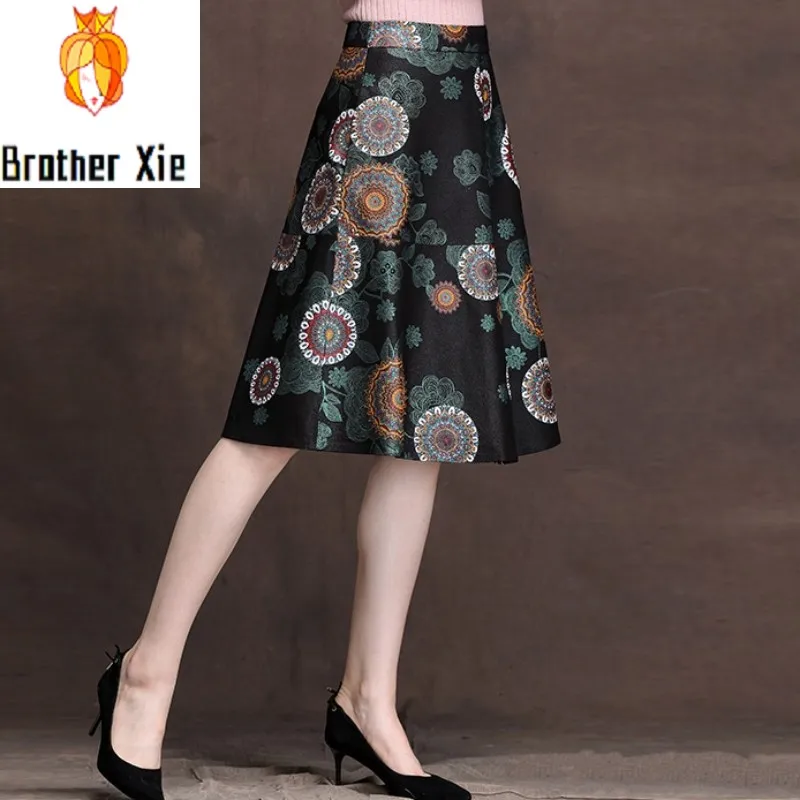 

2020 Spring New Women Real Leather Flower Printing A-Line Skirts Mid Long Office Lady Genuine Leather Slim Pleated Skirts Female