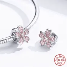 Fit Pandora браслет серебро 925 розовый циркон бусины-Вишенки S925 Симпатичные CZ японский цветок Разноцветные Подвески-талисманы для изготовления ювелирных изделий