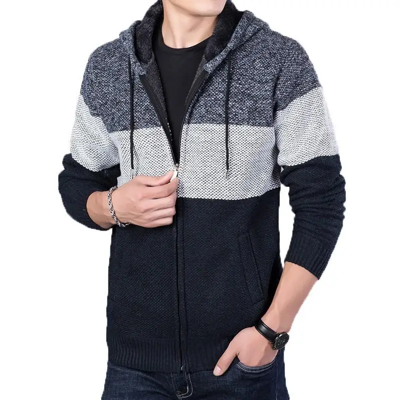 Men's Knit Sweater Autumn Winter Velvet Thick Warm Sweatercoat Loose Casual Hooded Cardigan Cold Jacket  Male Overcoat