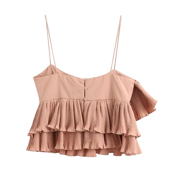 

2020 Spring Women's New Straight Collar Thin Sling Laminated Decorative Hem Top Small Pleated Temperament Thin Shirt