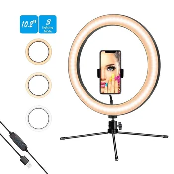 

LED Ring Light 10.2" with Tripod Stand Phone Holder for YouTube Video Live Streaming Dimmable Makeup RingLight Photography Lamp