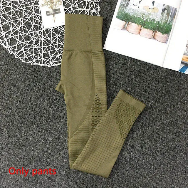 Army green pants 2 шт., бесшовный комплект для йоги, спортивный бюстгальтер без косточек, женские леггинсы с высокой талией, спортивный костюм пуш-ап, костюм для фитнеса для тренировки - Цвет: Army green pants