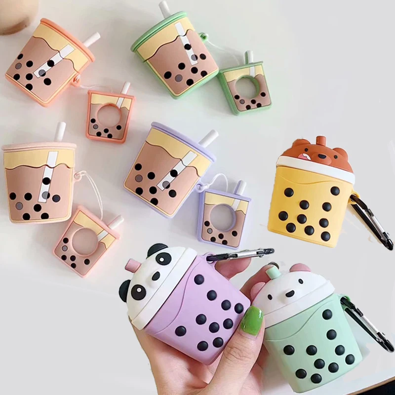 

For Apple AirPods Case Pearl Milk Bubble Tea Cup Drink Bottle Cute Cartoon We Bare Bears Wireless Earphone Cover for Airpods 2