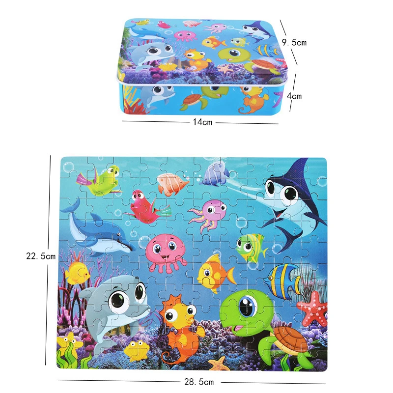 Non-toxic 100pcs/set Wood Jigsaw Puzzle Toy For Children Kids Early Educational Cartoon Puzzle Toy (with Iron Box) Boy Girl Gift