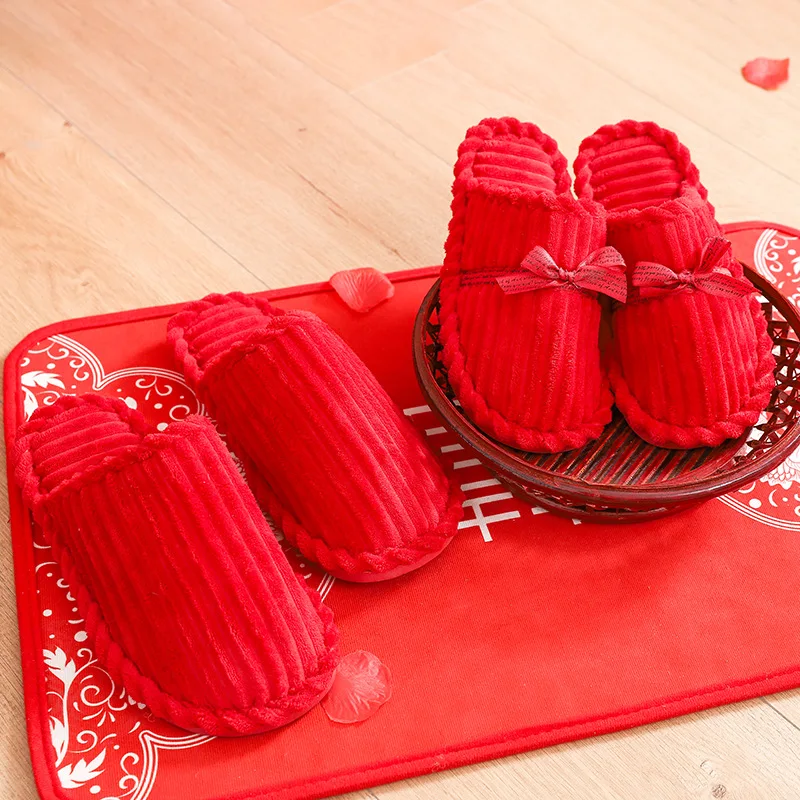 

Autumn And Winter Festive Husband Wife Red Corduroy Cotton Slippers Marriage Groom Bride Wedding Warm Slipper